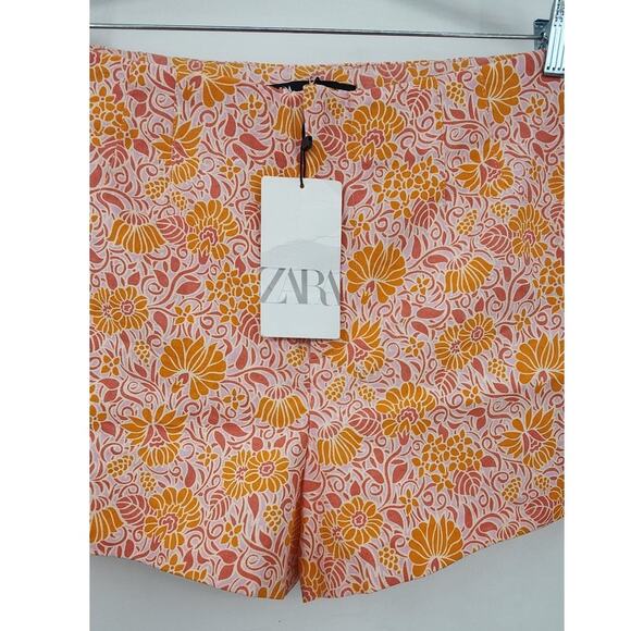 New NWT Zara Linen Cotton Floral Shorts Size Large Pink Orange - Picture 6 of 11